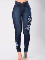 Pantalons Longs Femmes Imprimés Florales en Denim Moulants à Zip avec Poches Bicolores Pantalons Sexy Femmes