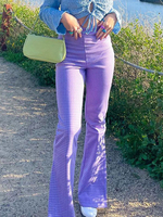 Pantalons longs pour femmes avec passepoil violet en polyester stretch taille surélevée pantalon évasé à carreaux