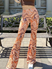 Pantalons longs pour femmes Orange Rouge Passepoil Polyester Stretch Taille relevée Rayures Pantalon évasé