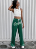 Pantalons longs pour femmes; passepoil vert; polyester extensible; taille surélevée; lettres imprimées; pantalon droit