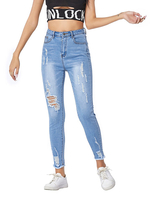 Pantalons Moulants en Denim Femmes Déchiré Fermeture avec Bouton et Zip Bleu Clair Unicolore Pantalons Femmes