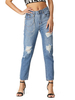 Pantalons Moulants en Denim Femmes Long Déchiré Fermeture avec Bouton et Zip Décoration avec Chaîne Bleu Pantalons Femmes