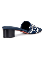 Pantoufles à talons bleu profond Talon épais Bout rond Slip-On Motif dœuvres dart en toile Pantoufles décontractées