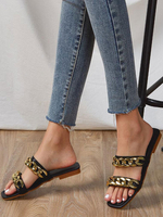 Pantoufles Plates Femmes Cousu en Métal à Cuir Synthétique avec Bout Ouvert Bicolores