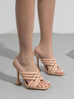 Pantoufles Sandales à Talons Hautes Femmes à Cuir Synthétique à Lacets avec Bout Ouvert avec Tressages Unicolore