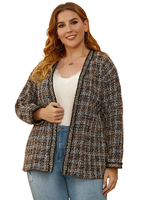 Pardessus grande taille pour femmes café marron col orné T-Shirt manches motif damier passepoil Polyester manteau surdimensionné décontracté