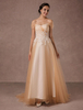 Épaule robe de mariée robe de mariée Tulle Champagne perles dentelle avec Train Milanoo
