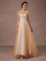 Épaule robe de mariée robe de mariée Tulle Champagne perles dentelle avec Train Milanoo