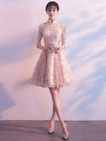 Peach Robes de bal robe de Graduation en dentelle courte demi-manches une ligne robe de soirée au genou