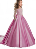 Peach rose fleur girl girl robes de bijou cède tissu satiné manches longues avec train A-line arcs robes de fête sociale enfants
