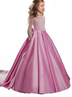 Peach rose fleur girl girl robes de bijou cède tissu satiné manches longues avec train A-line arcs robes de fête sociale enfants