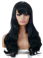 Perruque longue femme noire avec frange / frange fibre résistante à la chaleur Chic ébouriffé longues perruques synthétiques