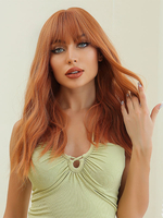 Perruque Longue Frange Pour Femme Orange Bouclée Fibre Résistant À La Chaleur Chic Longues Perruques Synthétiques