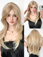 Perruque longue pour femme cheveux synthétiques ondulés couleur or clair résistants à la chaleur élégants et ébouriffés