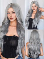 Perruque longue pour femme gris clair boucles ondulées fibre résistante à la chaleur perruques synthétiques longues ébouriffées contemporaines
