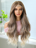 Perruque longue pour femme marron clair raie au milieu fibre résistante à la chaleur mèches de cheveux perruques synthétiques longues