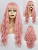 Perruque longue pour femme rose avec frange rayonne chic perruque longue perlée synthétique
