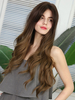 Perruque Synthétique Longues Femme Invisible Prothèse Capillaire Brun Marron Frisée avec Franges