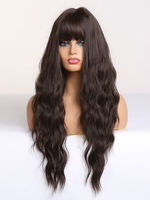 Perruque Synthétique Longues Femme Invisible Prothèse Capillaire Brun Marron Frisée avec Franges