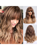 Perruque Synthétique Longues Femme Invisible Prothèse Capillaire Brun Marron Frisée avec Franges