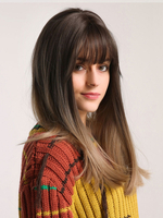Perruque Synthétique Longues Femme Invisible Prothèse Capillaire Frisés avec Franges Marron