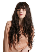 Perruque Synthétique Longues Femme Invisible Prothèse Capillaire Frisés avec Franges Marron Foncé