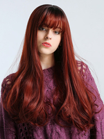 Perruque Synthétique Longues Femme Invisible Prothèse Capillaire Rouge Frisée avec Franges