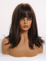 Perruque Synthétique Mi-longues Femme Invisible Prothèse Capillaire Brun Marron Frisée avec Franges