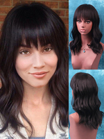 Perruques de Cheveux Humains Femme Mi-longue avec Franges Frisées Unicolore Noire Perruque des Femmes Invisibles