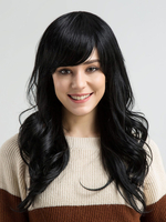 Perruques de Cheveux Humains Longs Frisés avec Franges Unicolore Noir Invisibles Perruques Femme
