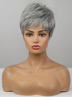 Perruques des Cheveux Humains Courtes Frisés avec Frange Femme Perruques des Femmes Gris Unicolore Invisible