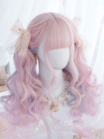 Perruques Lolita Douces Perruques De Cheveux Lolita Longs Bouclés Rose Ombre Avec Bang Blunt