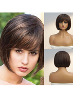 Perruques Synthétiques Courte Brun Foncé Droites Cheveux Mixtes Mi-Longs Unisexe Femmes