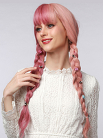 Perruques Synthétiques Femme avec Franges Longue Rosé Frisés Bicolores Perruques des Femmes