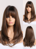 Perruques Synthétiques Femme Longues Frisés Marron avec Franges Unicolore Invisible Perruque Synthétique Femme