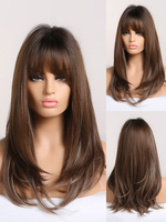 Perruques Synthétiques Femme Longues Frisés Marron avec Franges Unicolore Invisible Perruque Synthétique Femme