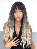 Perruques Synthétiques Longues Femme Invisibles Frisés avec Franges Dégradé de Couleur Gris Perruque Femme
