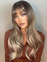 Perruques Synthétiques Longues Femme Invisibles Marron avec Franges Frisés Unicolore Perruque Femme