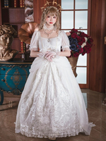 Personnalisé Doux Lolita OP À Manches Courtes Blanche Neige Neverland Imprimé Floral Blanc Volants Polyester Lolita Une Pièce Robes De Princesse