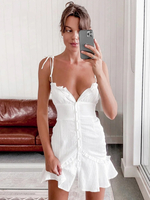 Petite robe blanche bretelles à nouer boutons devant dos nu mini robes de remise de diplôme