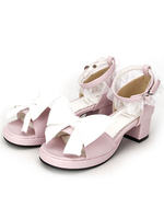 Pink Lolita sandales Square talons Lace Trim cheville sangle Bow Decor Déguisements Halloween