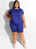 Plus Size Blue Jewel Neck manches courtes Blouse Shorts Polyester Ensemble 2 pièces Tenue dété
