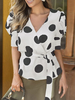 Polka Dot Wrap Top V Neck Casual Puff Sleeves Sash Belt Tops