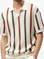 Polo Homme Tricoté Col Rabattu Manches Courtes Boutons Vintage Beige Chic