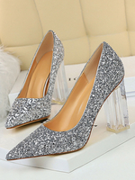 Pompes à paillettes pour femmes Chaussures de soirée à talons hauts Bout pointu Chaussures de soirée à talons épais transparents