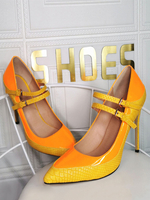 Pompes de grande taille bout pointu talon aiguille verni PU Leaterh jaune mode talons Mary Jane