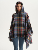 Poncho à carreaux pour femme avec capuche et cape camel