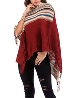 Poncho Femme Bordeaux Col Bijou Rayé Cape En Tricot