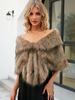 Poncho Femme Col Bateau Cape Fausse Fourrure Kaki