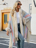 Poncho Femme Rayures Capuche Kaki Frange Cape